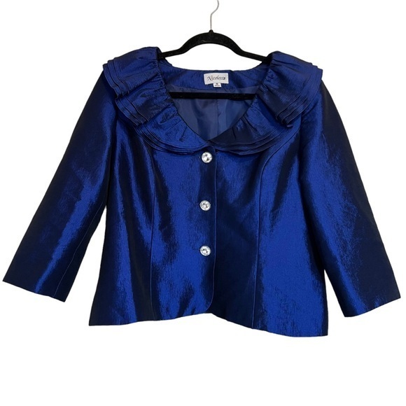 Nicolette Formal Midnight Blue Satin Finish 3/4 Sleeves Jacket Size 16 - Picture 1 of 10